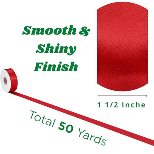 Red Ribbon 1 1/2 Inch x 50 Yards – Double Faced Holiday Gift Wrap Satin Ribbon for Christmas, Valentine's Day, Crafts & Party Bows - color: Red, size: 1-1/2 inch