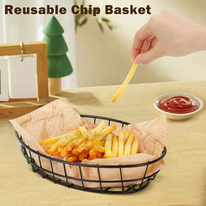 10 Pack Fast Food Oval Baskets, Wire Bread Basket for Serving, Reusable Chip Burger Fruit Vegetables Bowl Storage for Kitchen Table, Restaurants, Snack Bar, Metal (Matte Black) - color: Matte Black
