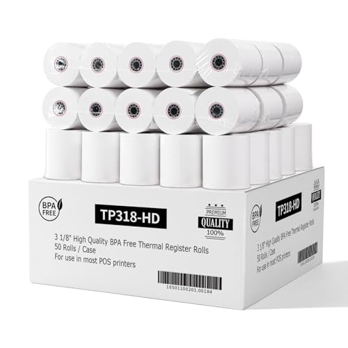 3 1/8 x 3" Diameter Thermal Paper Receipt Rolls (50 Pack) 80 GSM, BPA Free Receipt Paper Compatible with Most POS Systems, Cash Registers, Thermal Receipt Rolls
