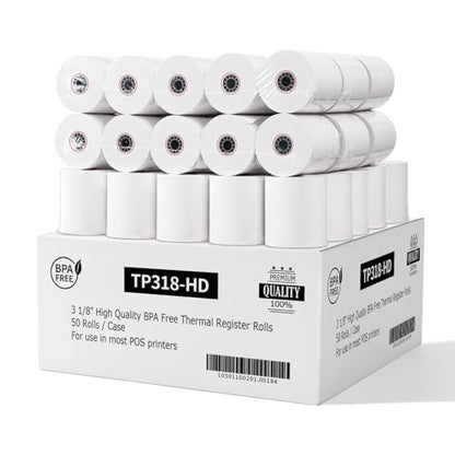 3 1/8 x 3" Diameter Thermal Paper Receipt Rolls (50 Pack) 80 GSM, BPA Free Receipt Paper Compatible with Most POS Systems, Cash Registers, Thermal Receipt Rolls