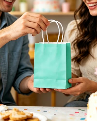 qiqee 24PCS Mini Gift Bag with Handles Bulk 4.5"x2.5"x6" Gift Bags Light Green Bags Multiple Uses - color: Light Green