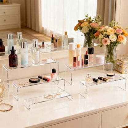 10 Pcs 2 Set Acrylic Risers 5 Sizes(7" L~9" L) Riser Display Shelf Cupcake Stand Display Cabinet Clear Rectangular Display Stands Set for Figures, Jewelry, Perfume, Dessert Table Display