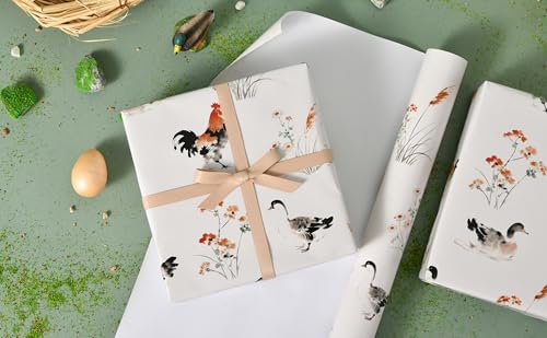 Sikiweiter Ink Painting Farm Animal Wrapping Paper Roll, 17 Inch x 16.5 Feet, Watercolor Duck and Rooster Gift Wrap with Floral Grass Design, Rustic Farmhouse Wrapping Paper for Birthday, Baby Shower, Spring Gifts(Chickens and Ducks) - color: Chickens and