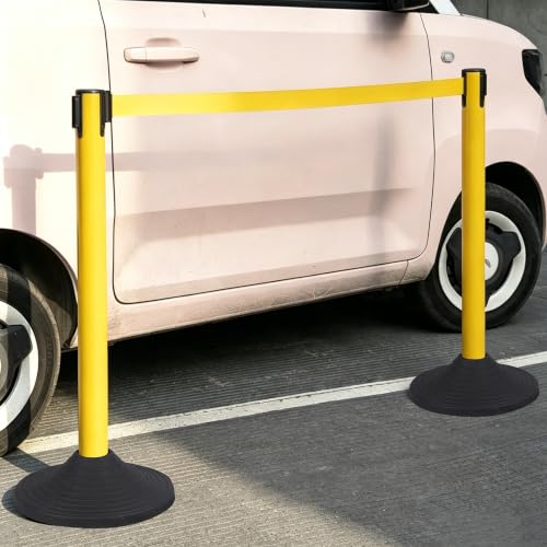 OrangeStar 4 Pack Crowd Control Stanchions, Heavy Duty Yellow Stanchion Set - color: Yellow, size: Style2-Round Rubber Base