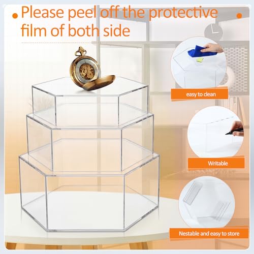 3 Pack Large Clear Acrylic Buffet Risers 14” 13” 12” Hexagonal - color: Clear, style: Hexagonal