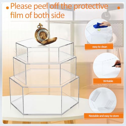 3 Pack Large Clear Acrylic Buffet Risers 14” 13” 12” Hexagonal - color: Clear, style: Hexagonal