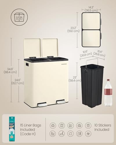 SONGMICS Trash Can, 2 x 8 Gallon (2 x 30 L) Double Compartment - color: Almond, size: 2 x 8 Gal.