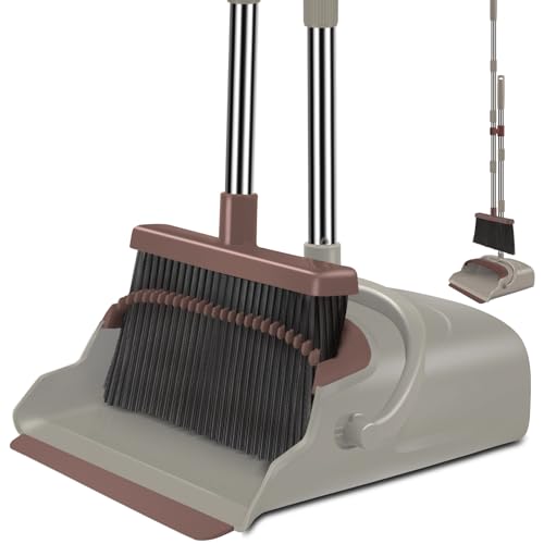 Upgrade Broom and Dustpan Set, Self-Cleaning with Dustpan Teeth, Ideal for Dog Cat Pets Home Use, Super Long Handle Upright Stand Up Broom and Dustpan Set (Brown) - color: Brown-02