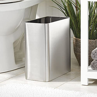 mDesign Stainless Steel Slim Rectangular Modern Metal 2.6 Gallon/10 Liter Trash Can Wastebasket, Garbage Container Bin for Bathroom, Bedroom, Kitchen, Home Office; Holds Waste, Recycling - Chrome - color: Brushed