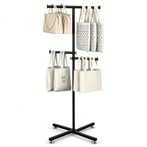 Adjustable Shopping Bag Rack Stand with 360° Rotating Arms, Heavy Duty Tote Bag Display Stand for Retail Store, Boutique, Trade Show, Handbag Display Holder, Black