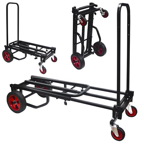 Pyle Compact Folding Adjustable Equipment Cart - Heavy Duty 8-in-1 Convertible Multi-Cart Hand Truck/Dolly/Platform Cart with R-Trac Wheels - Expandable Up to 27.52” to 44.25” - size: 27.52'' x 17''