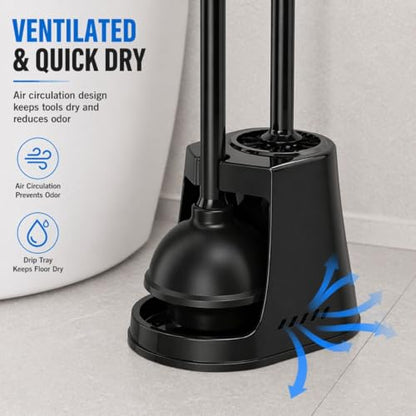 2-in-1 Toilet Bowl Brush and Plunger Set - Toilet Plunger Brush Set for Bathroom - Heavy Duty Rubber Plunger and Durable Toilet Brush, Compact Bathroom Cleaning Set for Home, Apartment (Black)
