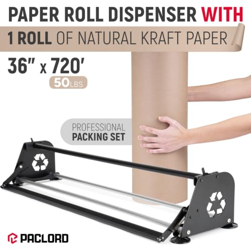 36" Paper Dispenser with Cutter + 50 lb Natural Brown Kraft Paper Roll - color: 1 Roll + Dispenser, size: 36" x 720' 50 Lb