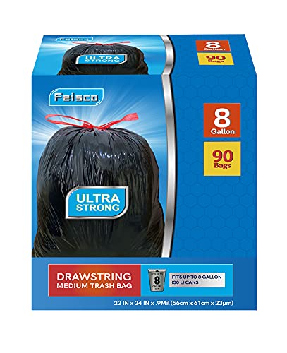 Feisco 8 Gallon Black Trash Bag,30L Drawstring Garbage Bag Trash Can Liner,90 Counts,0.9 Mil (8 Gallon, Black) - size: 1 Count (Pack of 1)