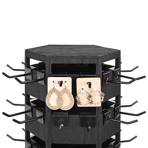 Ikee Design Wood Rotating Jewelry Display Tower for Keychains & Earrings - color: 6 side, Black, 60 hooks