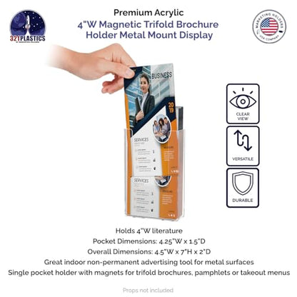 Marketing Holders Magnetic Brochure Holder for 4 Inch Wide Pamphlets Metal Surface Mount Menus Maps and Rack Cards Take One Clear Plastic Bin for Restaurants Medical Offices and Theme Parks - size: 4"W Tall Magnetic Mount