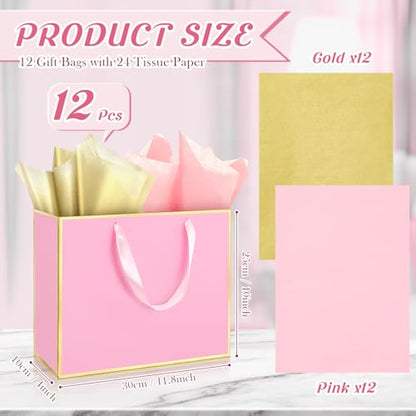 ReliThick 12 Pack Paper Gift Bag with Handles & Tissue, Pink, Gold - color: Pink, Gold