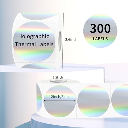 2" Circle Holographic Thermal Label Stickers, Round Printable Rainbow Glitter Thermal Printer Sticker Labels for Gift Wrapping, Self-Adhesive DIY Custom Logo Design- Silver (300Pcs/Roll) - color: Holographic Silver, size: 2 inch