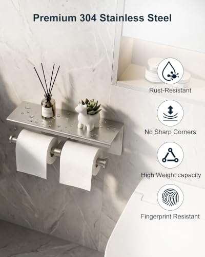 Double Toilet Paper Holder with Shelf Brushed Nickel Tissue Roll Holder - color: Brushed Nickel