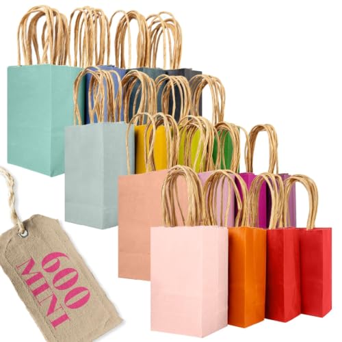 qiqee 600Pcs Paper Gift Bags Mini 16 Solid Colors With Handles For Party - 4.5"x2.5"x6" - size: 600 Count (Mini Size)