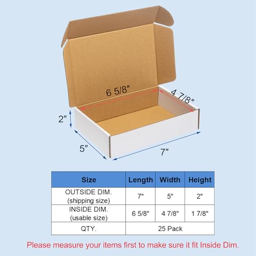 Wowxyz Shipping Boxes 7x5x2" 25 Pack - White Corrugated Cardboard Box Mailers for Small Business, Literature Mailer Box Packaging Supplies - size: 7x5x2"
