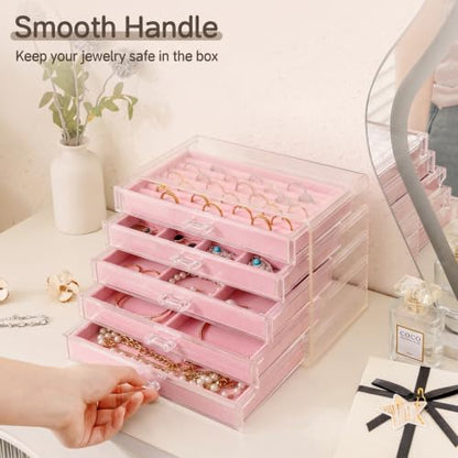 Frebeauty Acrylic Jewelry Box,5-Layer Jewelry Organizer with Drawers - color: Pink