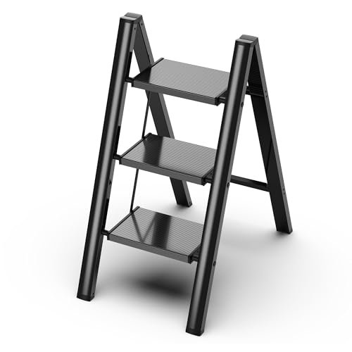 3 Step Ladder, Foldable Aluminum Step Stool with Anti-Slip Pedal - color: Black, size: 3 Step