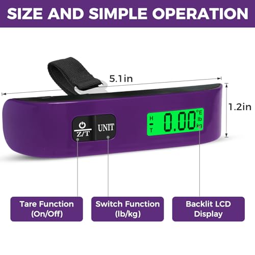 BAGAIL Digital Luggage Scale, 110lbs Hanging Baggage Scale with Backlit LCD Display, Portable Suitcase Weighing Scale, Travel Luggage Weight Scale with Hook, Strong Straps for Travelers - color: Purple