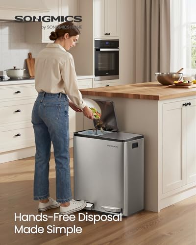 SONGMICS Trash Can, 2 x 8 Gallon (2 x 30 L) Double Compartment - color: Silver, size: 2 x 8 Gal.