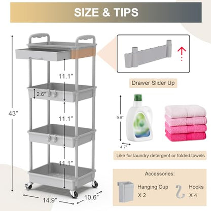 Goovilla 4 Tier Rolling Utility Cart Organizer with Removable Drawer, Grey - size: 4 Tier, style: Gray