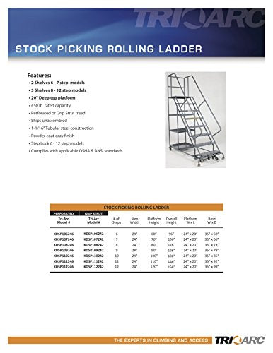 Tri-Arc KDSP108246 8-Step Stock Picking Industrial & Warehouse Steel Rolling Ladder with Perforated Tread - size: 8-Step, style: Perforated Tread