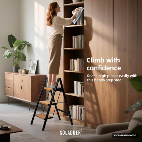 SOLADDER 3 Step Ladder, Folding Step Stool, Black & Woodgrain - color: Black&woodgrain, size: 3 Step
