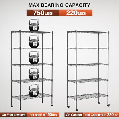 FDW | 5-Tier Wire Shelf with Wheels | 30" x 14" x 61" | Black - color: Black, size: 5-Shelf With Wheels