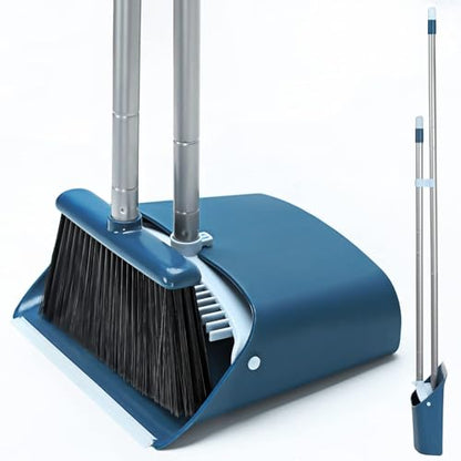 TreeLen Standing Dustpan and Broom Set with 52 Inch Long Extendable Handle for Cleaning Home, Interiors, Kitchens, Office Lobby Floors, Blue - color: Blue