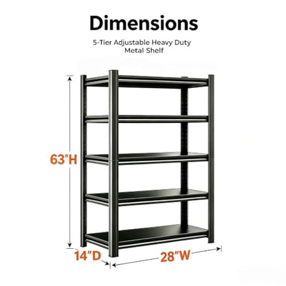 5 Tier Garage Shelving, Heavy Duty Storage Shelf, Adjustable Metal Storage Rack for Garage, Warehouse, Workshop, Black (63" H x 28" W x 14" D) - size: 5-Tier (63"Hx28"Wx14"D)