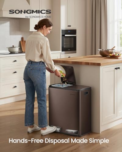 SONGMICS Trash Can, 2 x 8 Gallon (2 x 30 L) Double Compartment - color: Brown, size: 2 x 8 Gal.