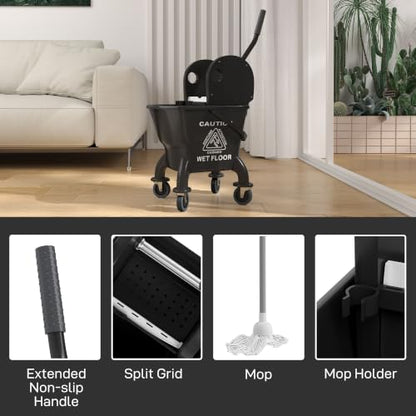 HOMCOM Mop Bucket with Wringer on Wheels, 27.5 Quart, with Mop, Black - color: Black, size: 27.5 Quart
