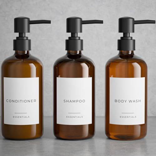Stylish Shampoo & Conditioner Dispenser Set of 3-21oz PET Bottles, Pump - color: Brown