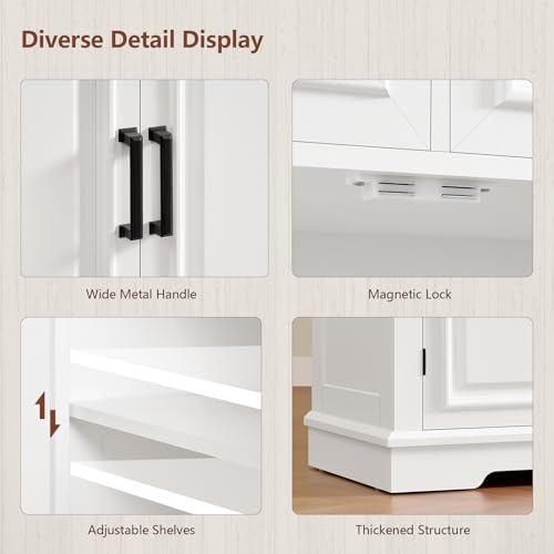 usikey 59” Large Buffet Cabinet with 4 Doors and 3 Drawers, Buffet Sideboard Cabinet with Storage and 2 Adjustable Shelves, Coffee Bar, Wine Bar for Living Room, White - color: White+black -59"w