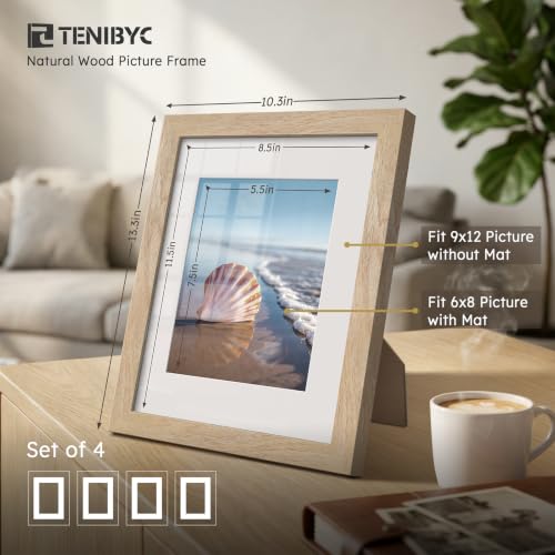 9x12 picture frame 4 Pack, 6x8 Mat, Natural Wood, Glass, for Photo - color: Natural, size: 9 X 12