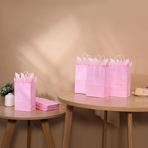SUNCOLOR 24-Pack Pink Gift Bags with Handles, 8" Small Kraft Paper Goodie Bags, Includes Tissue Paper for Baby Showers, Birthdays, Bridal Showers - color: Pink