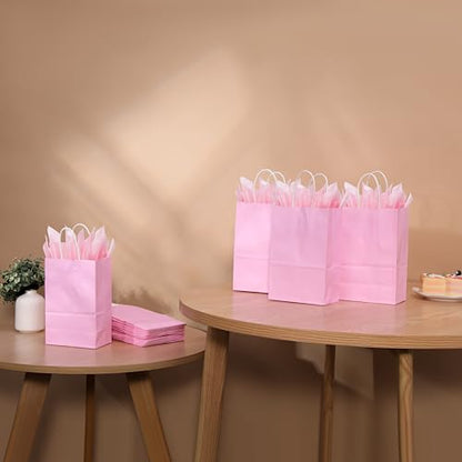 SUNCOLOR 24-Pack Pink Gift Bags with Handles, 8" Small Kraft Paper Goodie Bags, Includes Tissue Paper for Baby Showers, Birthdays, Bridal Showers - color: Pink