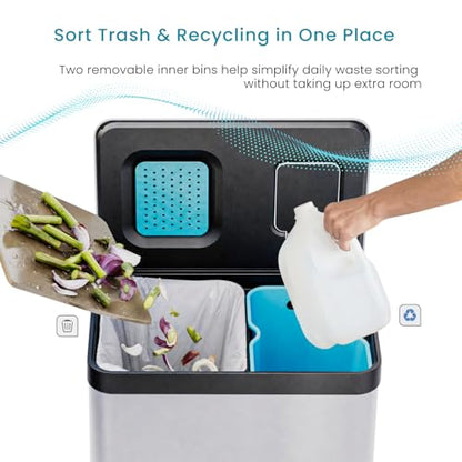 Home Zone Living 19 Gallon Kitchen Trash Can with Dual Compartments - color: Silver, size: 19 Gallon