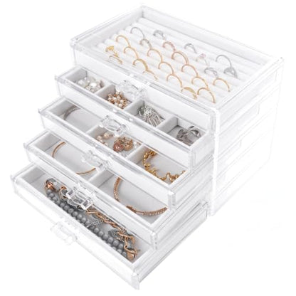 Frebeauty Acrylic Jewelry Box,5-Layer Jewelry Organizer with Drawers - color: White