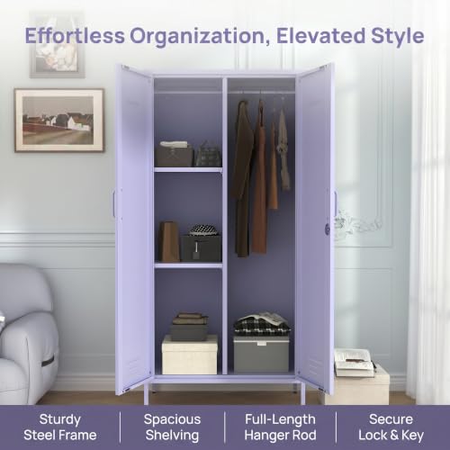 Metal Armoire Wardrobe Closet, 67" Tall Purple Lockable Wardrobe Cabinet with 2 Doors, Hanging Rod and Adjustable Shelves, Steel Clothing Storage Cabinet for Bedroom, Home, Cloak Room, Gym, Office - color: Lilac, style: Wardrobe-67"H-JS
