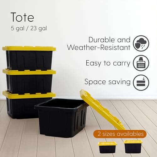 Plastic 23-Gallon Storage Tote with Lockable Lid, Stackable Tough Regular-Duty Bin for Garage, Tools, and Home Organization (2-Pack) - Black and Yellow - size: 23-Gallon (2-Pack)