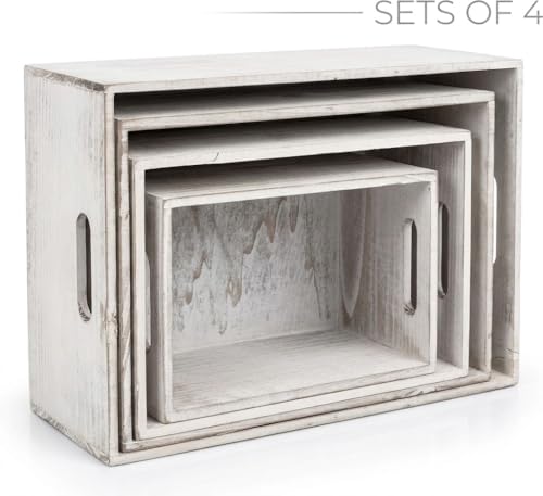 Oojami 4 Pack Nesting Wooden Crates for Display, Whitewashed with Handles - color: Rustic White
