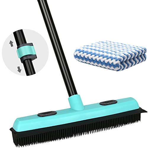Rubber Broom Carpet Rake for Pet Hair Removal, Fur Remover Broom with 59" Telescoping Long Handle, Pet Hair Broom with Squeegee for Carpet, Hardwood Floor, Tile - color: Elegant Blue Rubber Broom