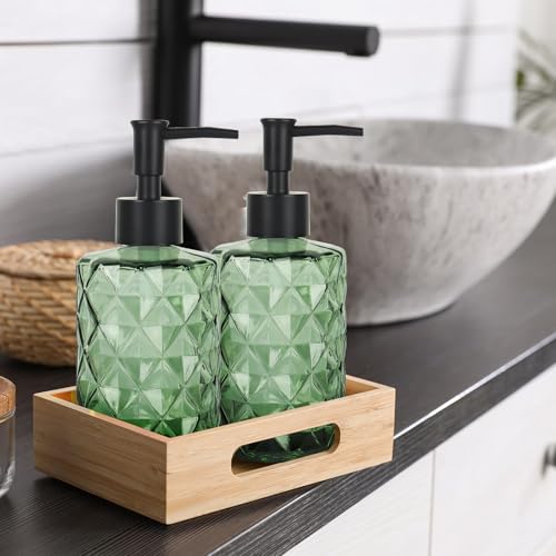 Green Glass Soap Dispenser with Pump, 12 oz Refillable Soap Dispenser, Diamond Textured Hand & Dish Soap Bottle for Bathroom, Kitchen, Lotion & Shower Gel - color: Diamond Green