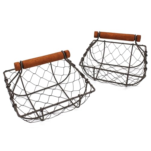 CVHOMEDECO. Chicken Wire Egg Baskets Rust Gathering Baskets with Wooden Handle Country Vintage Style Storage Baskets. Set of 2 (Square) - size: Square